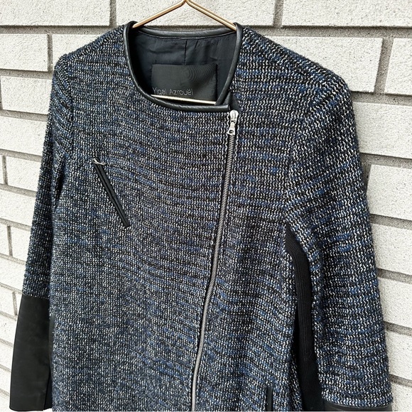 Yigal Azrouël Wool Tweed Moto Jacket Lambskin Leather Asymmetrical Zip Blazer - Picture 5 of 11